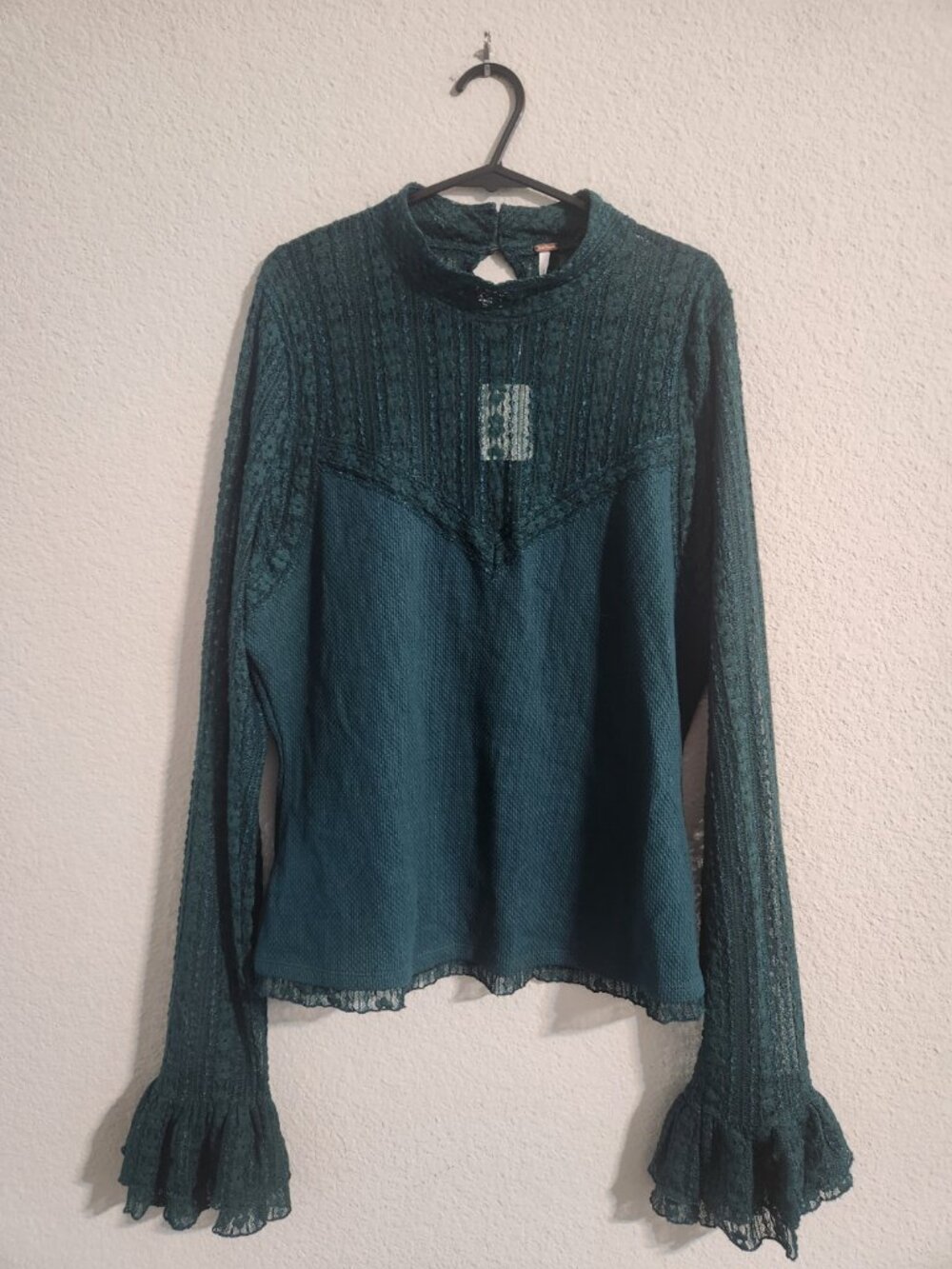 Free People NWT Mina Long-Sleeve Top Sheer Lace Details Mock neck size XL